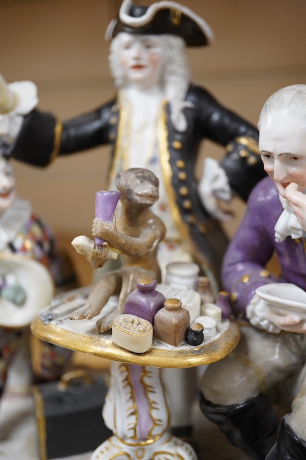 A 19th century Meissen group of The Dentist, outside decorated, incised model no. 186, 21cm. Condition - broken and restored